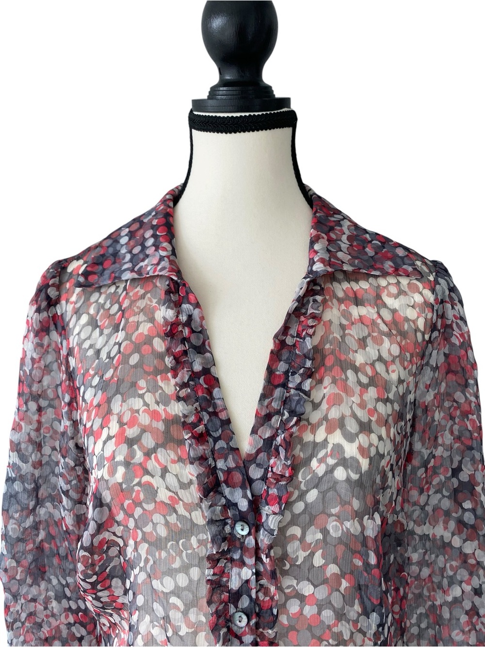 Sheer Silk Chiffon Ruffle-Trim Blouse in Multicolor Dot Size 8 tailored fit